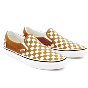WORN ONCE!! VANS Classic Slip-On Checkerboard Shoes in Golden Brown True- White